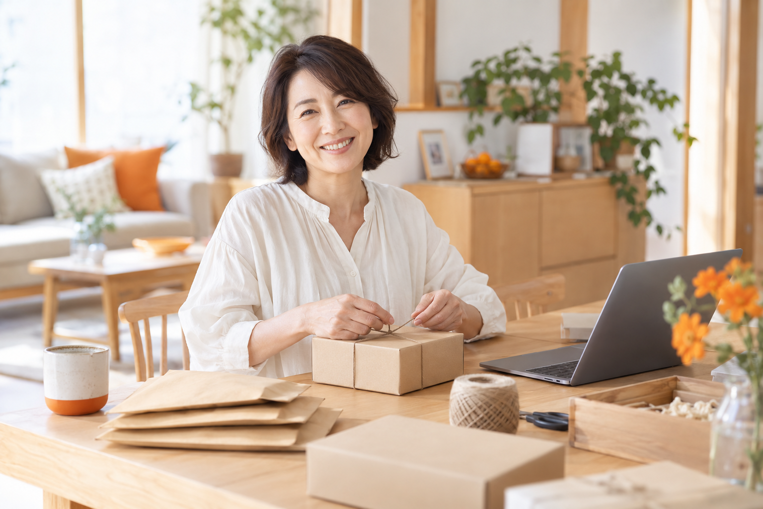 明るい自宅で小さな発送用の箱を用意する女性のイメージ